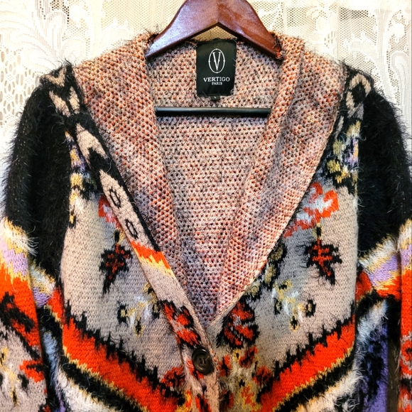 VertigoParis Womens Sz L Super Soft Colorful Aztec Print Cardigan Sweater w/Hood - Picture 2 of 9